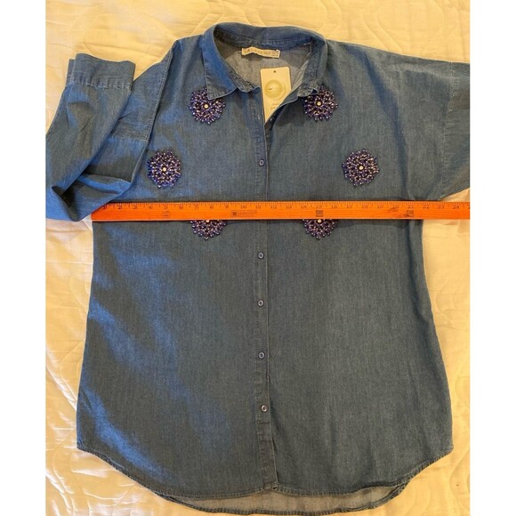 Saloon Button Down Blouse Sz Large Light Denim Cotton Studded Rhinestone Design - Picture 10 of 12